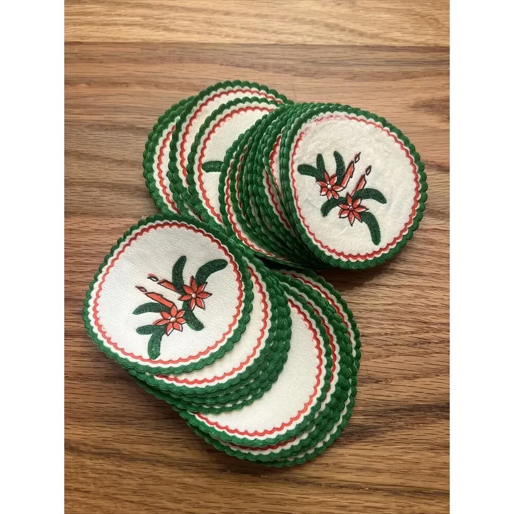 Vintage 1985 INTERPUR® Christmas Paper Coasters Doily Tin Container Box Candles